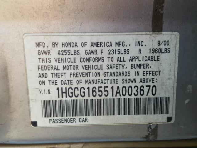 1HGCG16551A003670 - 2001 HONDA ACCORD EX SILVER photo 10