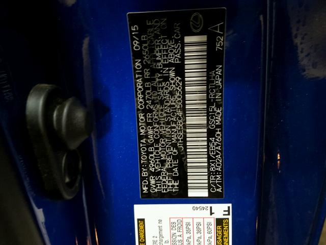 JTHSE5BC4F5005629 - 2015 LEXUS RC 350 BLUE photo 10