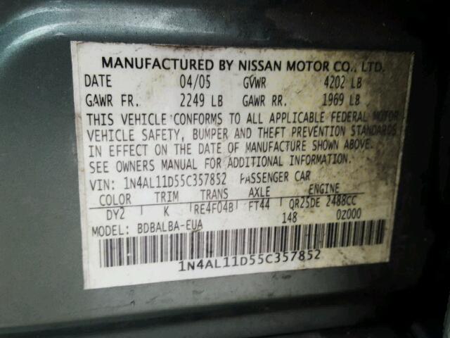 1N4AL11D55C357852 - 2005 NISSAN ALTIMA S GREEN photo 10