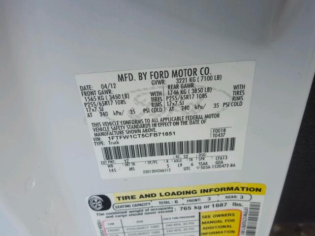 1FTFW1CT5CFB71851 - 2012 FORD F150 SUPER WHITE photo 10