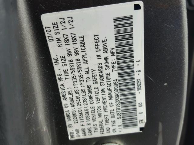 5J8TB182X8A000064 - 2008 ACURA RDX GRAY photo 10