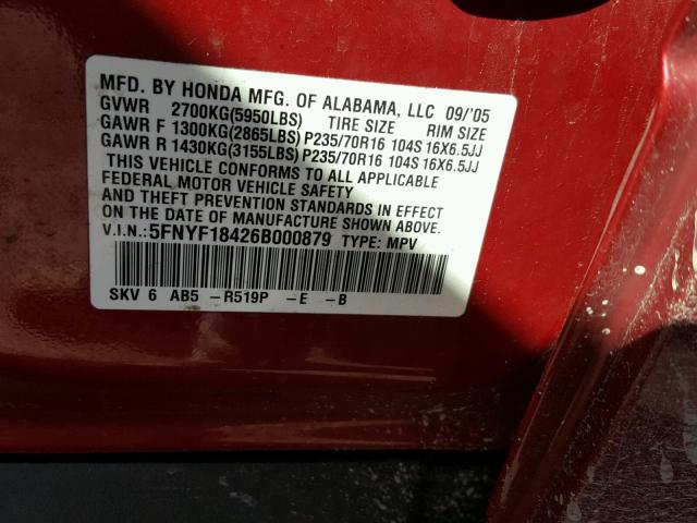 5FNYF18426B000879 - 2006 HONDA PILOT EX BURGUNDY photo 10