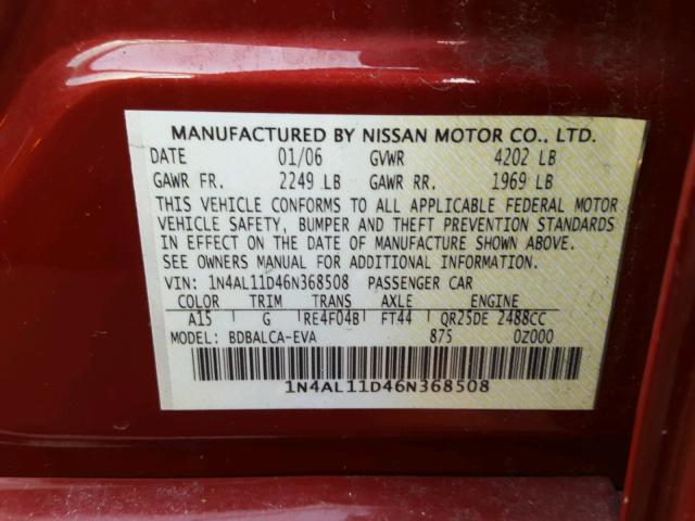 1N4AL11D46N368508 - 2006 NISSAN ALTIMA S RED photo 10