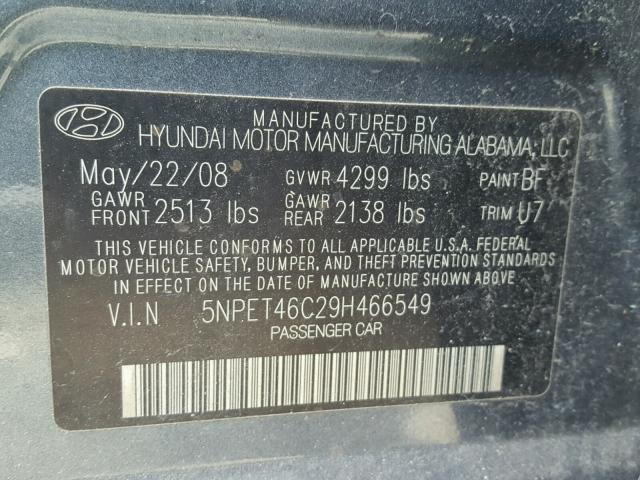 5NPET46C29H466549 - 2009 HYUNDAI SONATA GLS BLUE photo 10