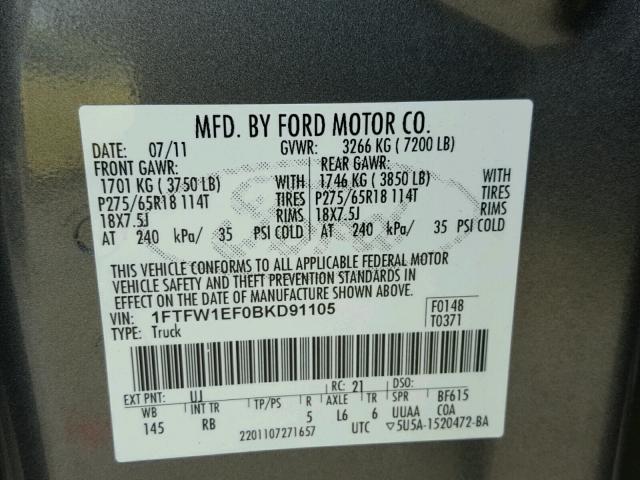 1FTFW1EF0BKD91105 - 2011 FORD F150 SUPER GRAY photo 10