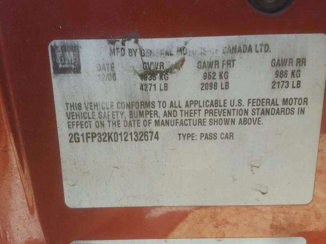 2G1FP32K012132674 - 2001 CHEVROLET CAMARO ORANGE photo 10