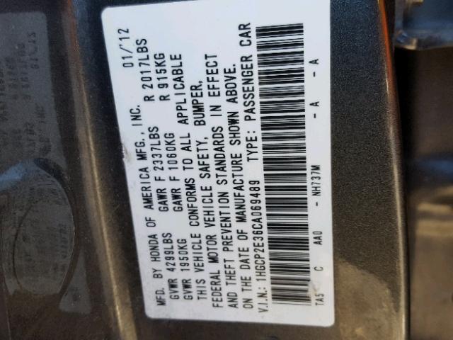 1HGCP2E36CA069489 - 2012 HONDA ACCORD LX GRAY photo 10