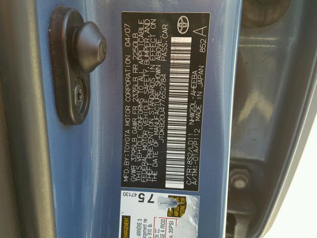 JTDKB20U477652784 - 2007 TOYOTA PRIUS BLUE photo 10