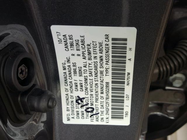 2HGFC2F78JH502898 - 2018 HONDA CIVIC EX გრაფიტი ფოტო 10