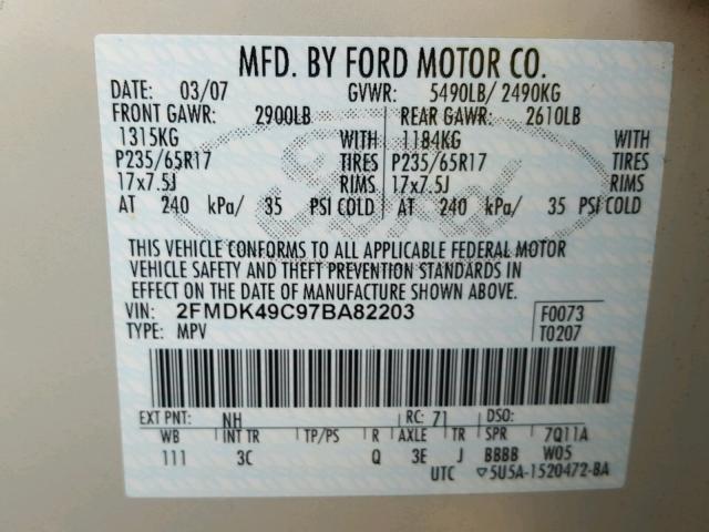 2FMDK49C97BA82203 - 2007 FORD EDGE SEL P BEIGE photo 10