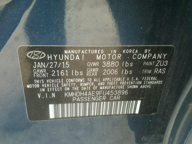 KMHDH4AE9FU453896 - 2015 HYUNDAI ELANTRA SE BLUE photo 10