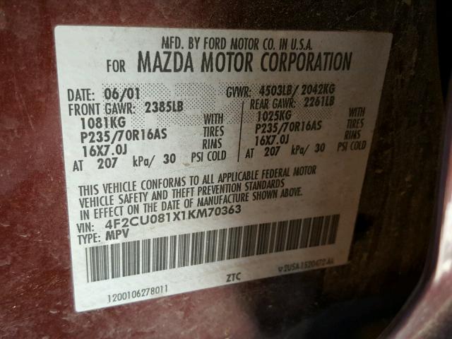 4F2CU081X1KM70363 - 2001 MAZDA TRIBUTE LX RED photo 10