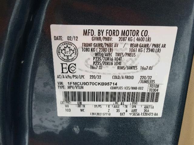 1FMCU9D70CKB95714 - 2012 FORD ESCAPE XLT BLUE photo 10