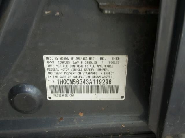 1HGCM56343A119296 - 2003 HONDA ACCORD LX GRAY photo 10