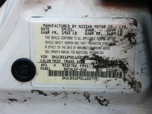 3N1CB51D92L602779 - 2002 NISSAN SENTRA XE WHITE photo 10