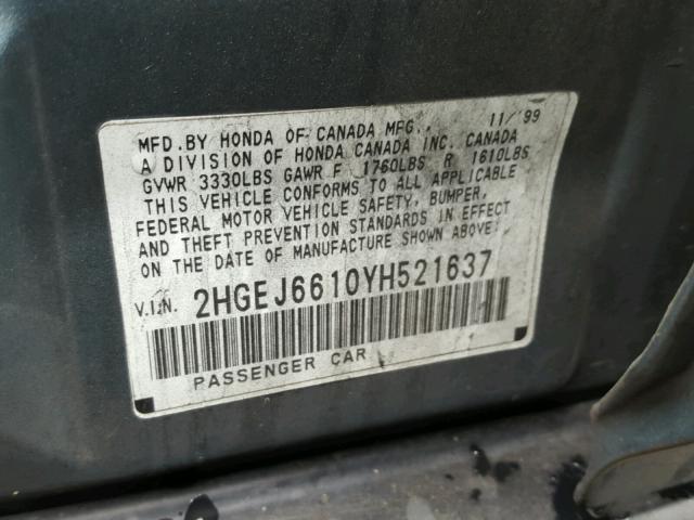 2HGEJ6610YH521637 - 2000 HONDA CIVIC BASE GREEN photo 10