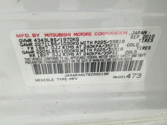 JA4AR4AU7BZ000198 - 2011 MITSUBISHI OUTLANDER WHITE photo 10