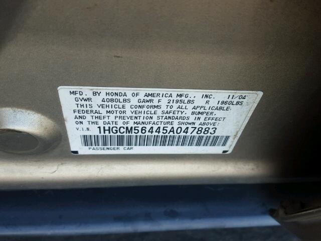 1HGCM56445A047883 - 2005 HONDA ACCORD LX GOLD photo 10