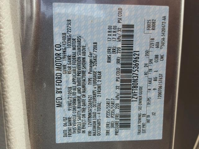 1ZVFT80N375369621 - 2007 FORD MUSTANG GRAY photo 10