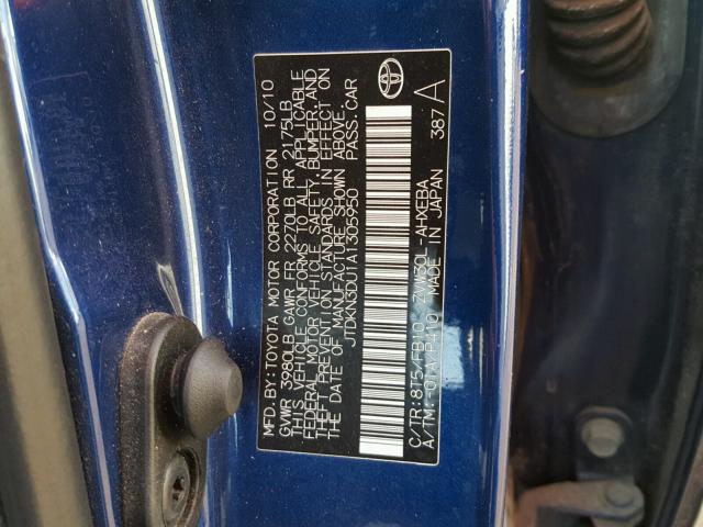 JTDKN3DU1A1305950 - 2010 TOYOTA PRIUS BLUE photo 10