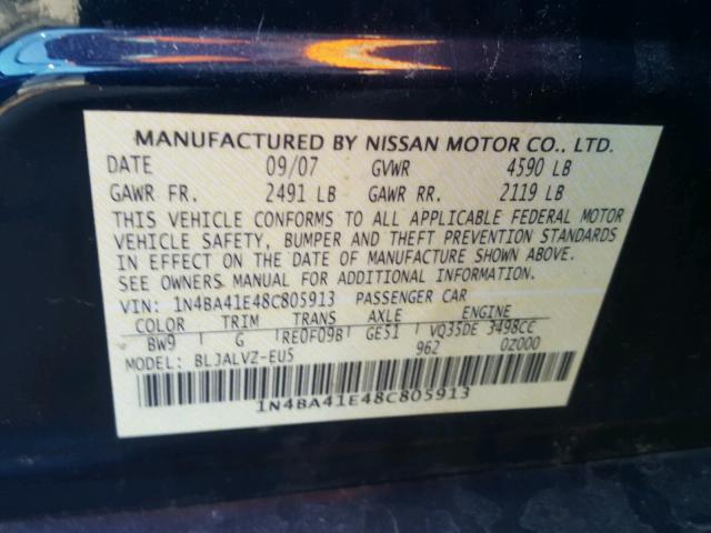 1N4BA41E48C805913 - 2008 NISSAN MAXIMA SE BLUE photo 10