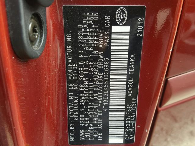 4T1BE30K55U036985 - 2005 TOYOTA CAMRY LE BURGUNDY photo 10