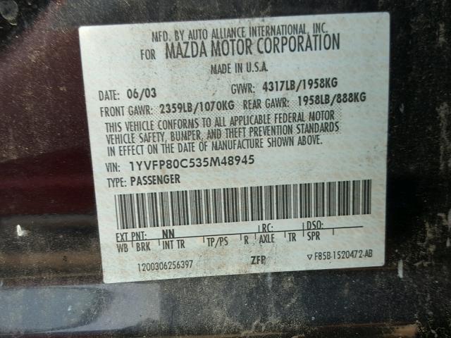 1YVFP80C535M48945 - 2003 MAZDA 6 I BLACK photo 10