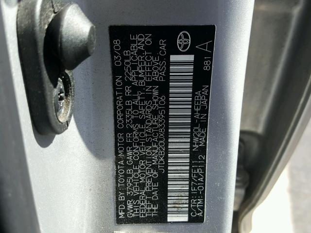 JTDKB20UX83395106 - 2008 TOYOTA PRIUS SILVER photo 10