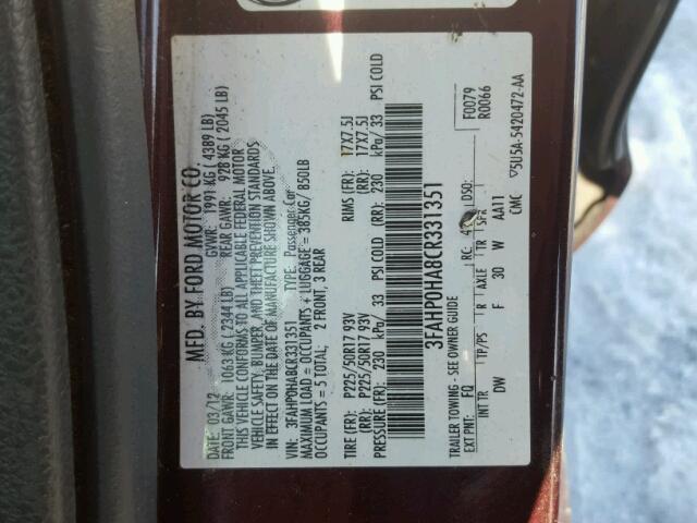 3FAHP0HA8CR331351 - 2012 FORD FUSION SE MAROON photo 10