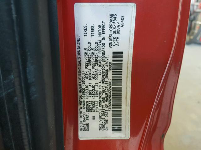 5TESN92N63Z249317 - 2003 TOYOTA TACOMA XTR RED photo 10