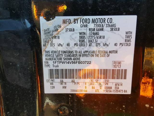 1FTPW14V56FB03722 - 2006 FORD F150 SUPER BLACK photo 10