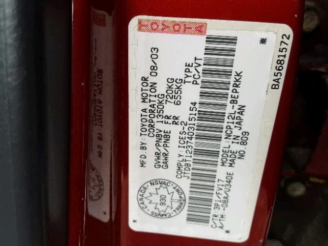 JTDBT123740315154 - 2004 TOYOTA ECHO RED photo 10