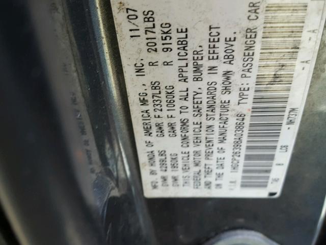 1HGCP26398A038646 - 2008 HONDA ACCORD LX GRAY photo 10