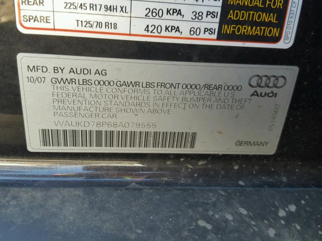 WAUKD78P68A079555 - 2008 AUDI A3 S-LINE BLACK photo 10