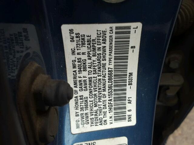 1HGFA15536L086687 - 2006 HONDA CIVIC LX BLUE photo 10