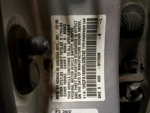 1HGFA16896L036742 - 2006 HONDA CIVIC EX ვერცხლისფერი ფოტო 10