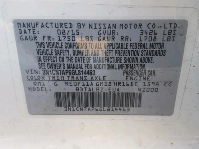 3N1CN7AP6GL814463 - 2016 NISSAN VERSA S WHITE photo 10