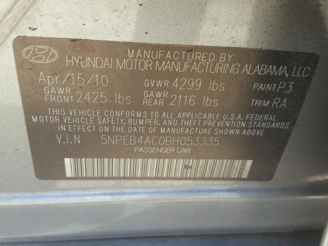 5NPEB4AC0BH053335 - 2011 HYUNDAI SONATA GLS GRAY photo 10