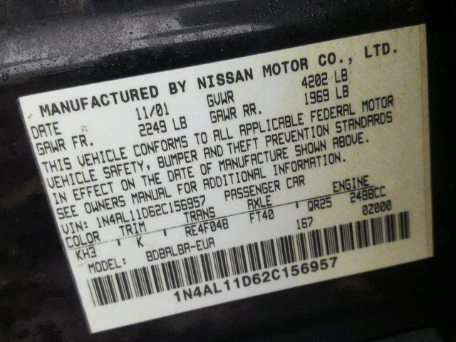 1N4AL11D62C156957 - 2002 NISSAN ALTIMA BAS BLACK photo 10