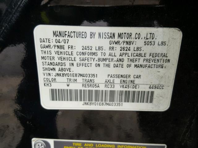 JNKBY01E87M403351 - 2007 INFINITI M45 BASE BLACK photo 10