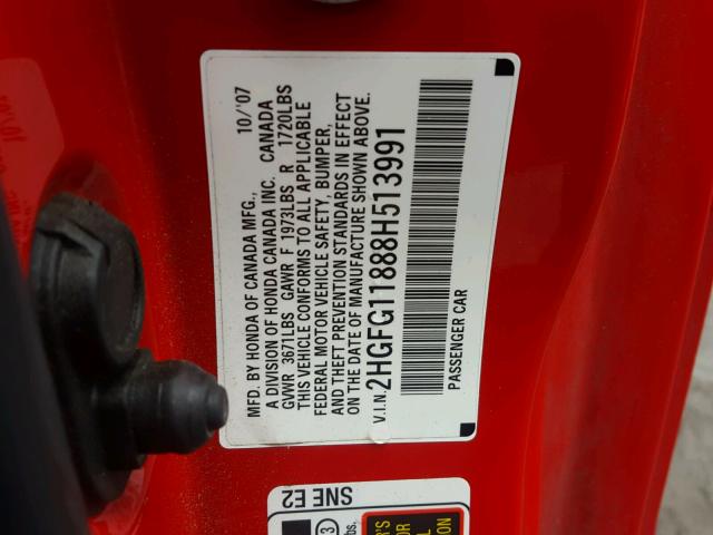 2HGFG11888H513991 - 2008 HONDA CIVIC EX წითელი ფოტო 10
