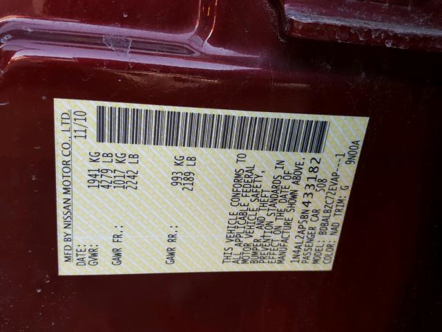 1N4AL2AP5BN433182 - 2011 NISSAN ALTIMA BAS MAROON photo 10