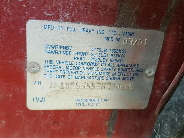 JF1SF65662H730285 - 2002 SUBARU FORESTER S RED photo 10