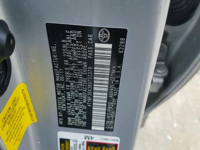 4T1BF3EK3BU752379 - 2011 TOYOTA CAMRY BASE SILVER photo 10