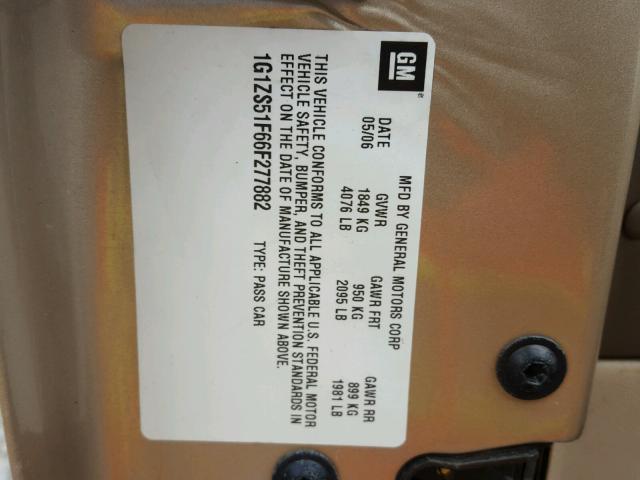 1G1ZS51F66F277882 - 2006 CHEVROLET MALIBU LS 金色 照片 10