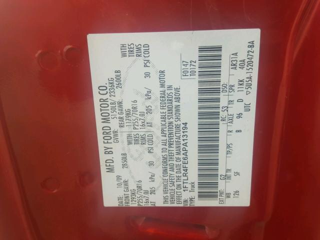 1FTLR4FE6APA13194 - 2010 FORD RANGER SUP RED photo 10