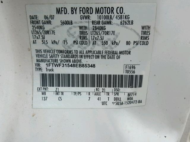 1FTWF31548EB85348 - 2008 FORD F350 SRW S WHITE photo 10