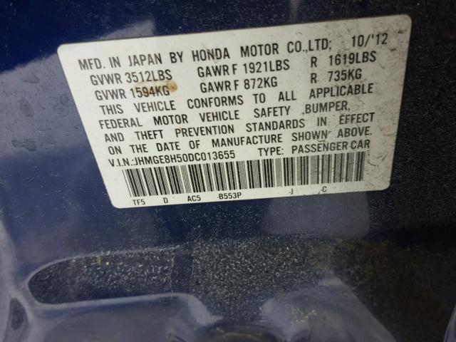 JHMGE8H50DC013655 - 2013 HONDA FIT SPORT BLUE photo 10