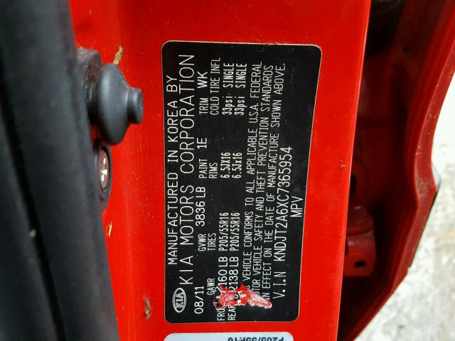 KNDJT2A6XC7365954 - 2012 KIA SOUL + RED photo 10