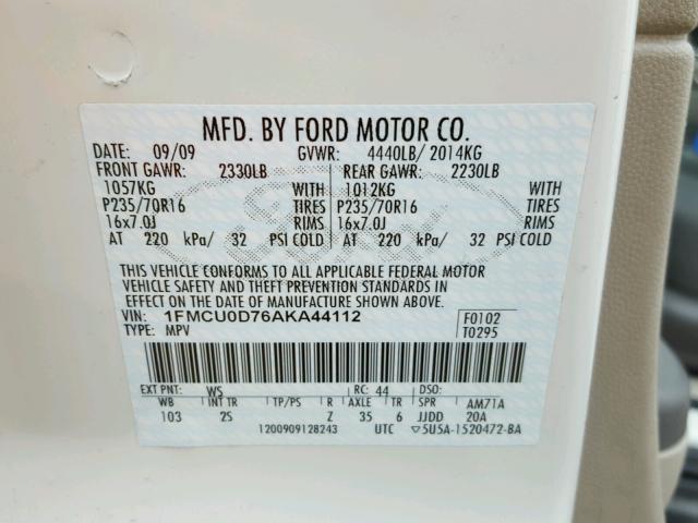 1FMCU0D76AKA44112 - 2010 FORD ESCAPE XLT WHITE photo 10